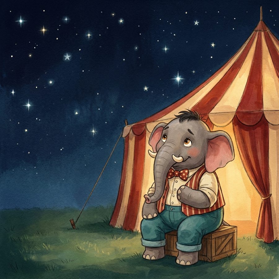Arlo sitting outside the circus tent at night